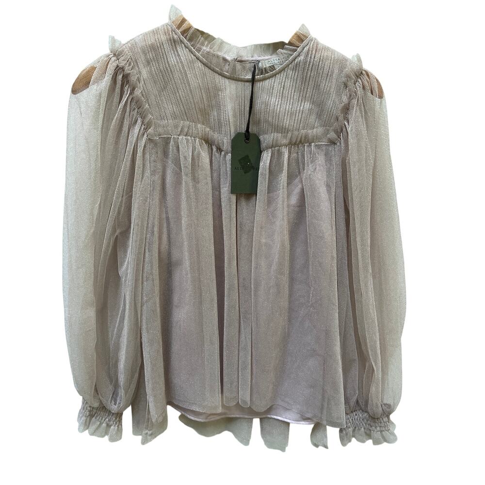NWT ALLSAINTS Perri Tulle Blouse Metallic Nude Pink Size 8